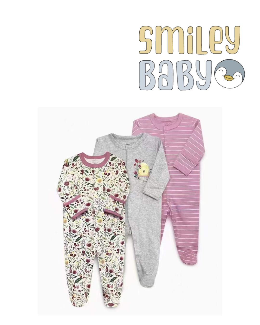 Baby Cotton Pajamas Set 3 Pcs PURPLE FLOWERS