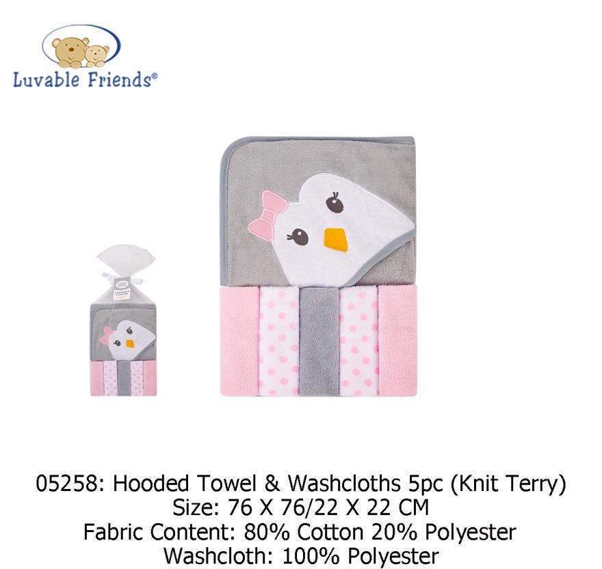 Hooded Towel with Five Washcloths pengiun