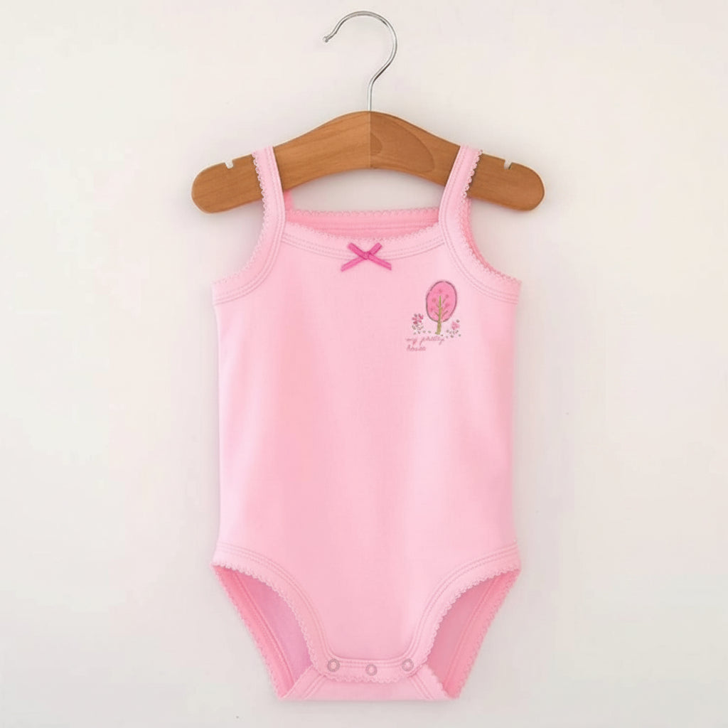 Baby Girls Spaghetti Strap Bodysuit Sleeveless PINK Tree Embroidery