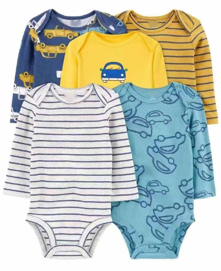 5 pcs long sleeve cotton yellow cars