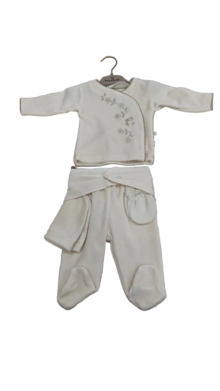 Hospital Set (5pcs) Neutral Cream Outfit Set – Floral Embroidered Wrap Top 03 months