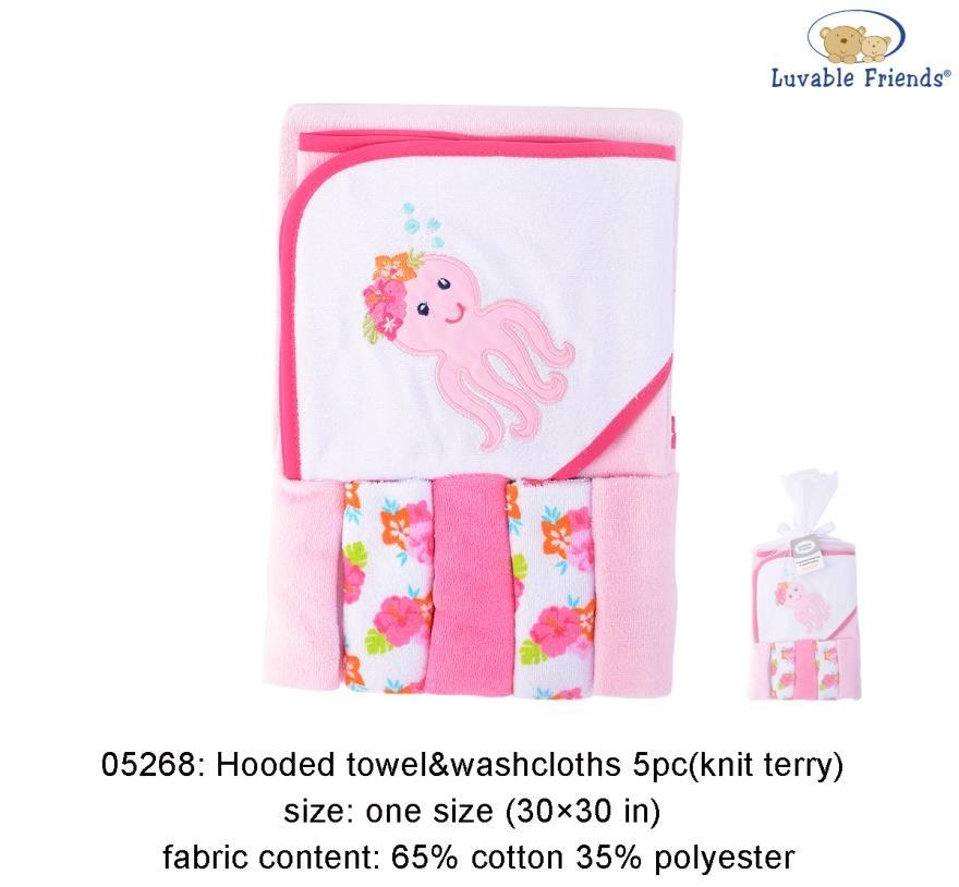 Hooded Towel with Five Washcloths octupus