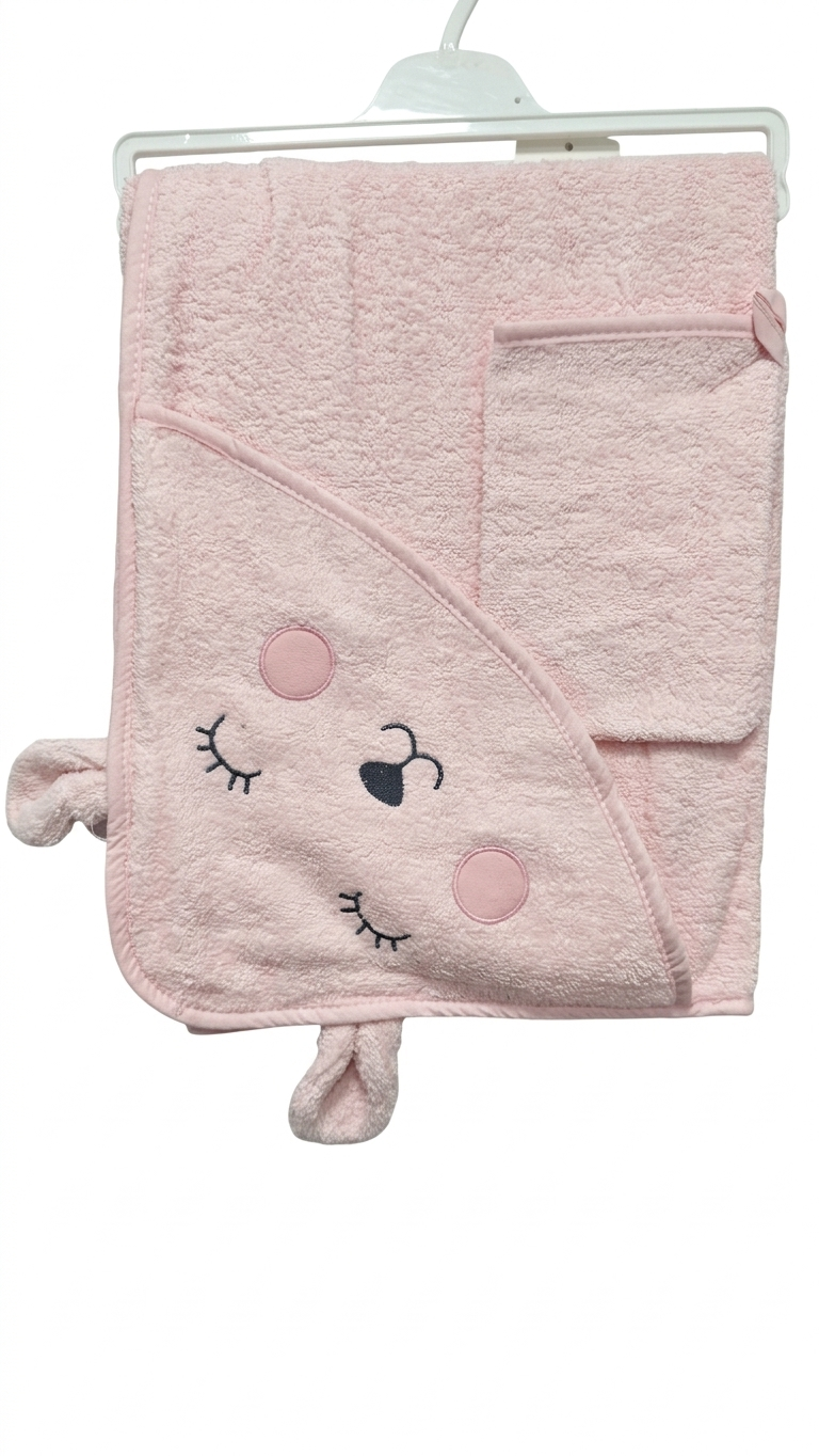 Baby Hooded Towel with loofah Pink bear