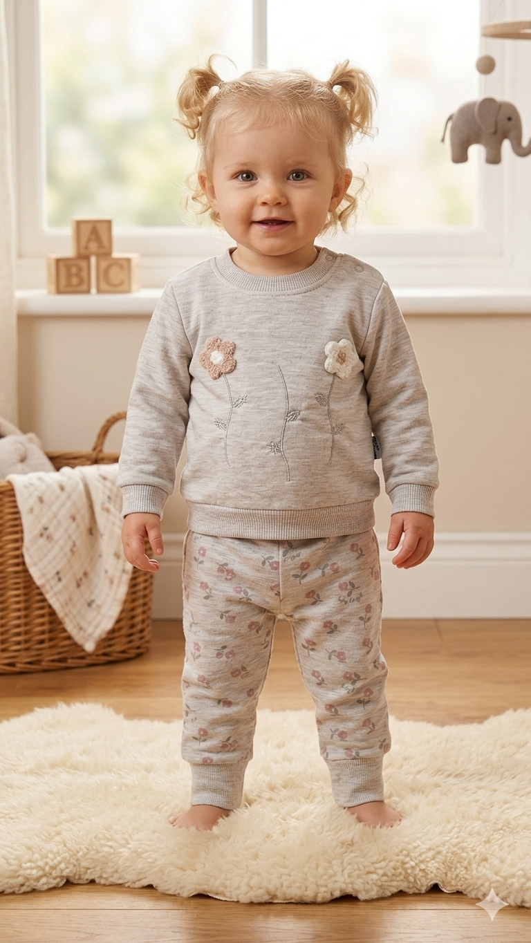 Girls coton set flowers Grey