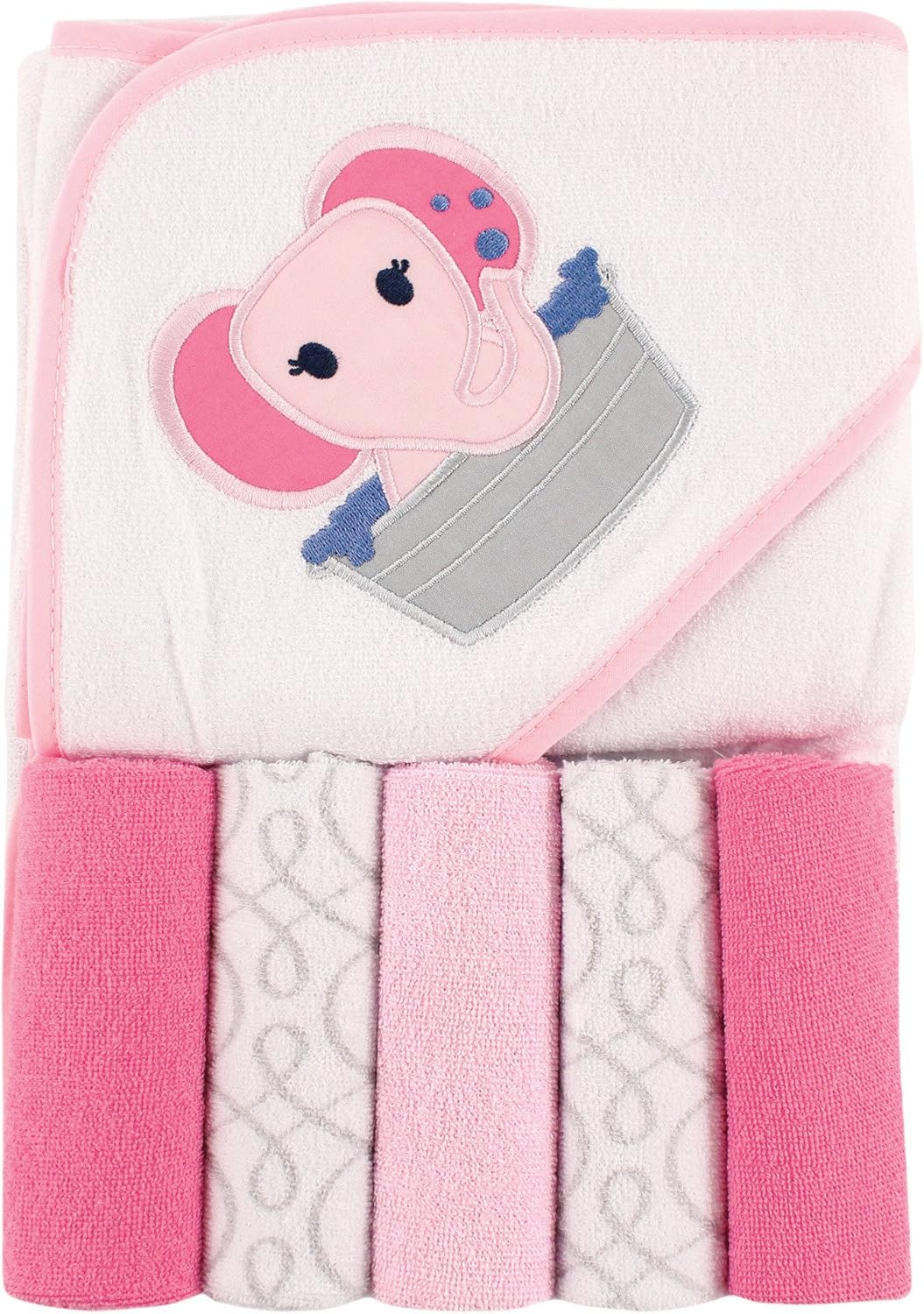 Hooded Towel with Five Washcloths PINK elephant