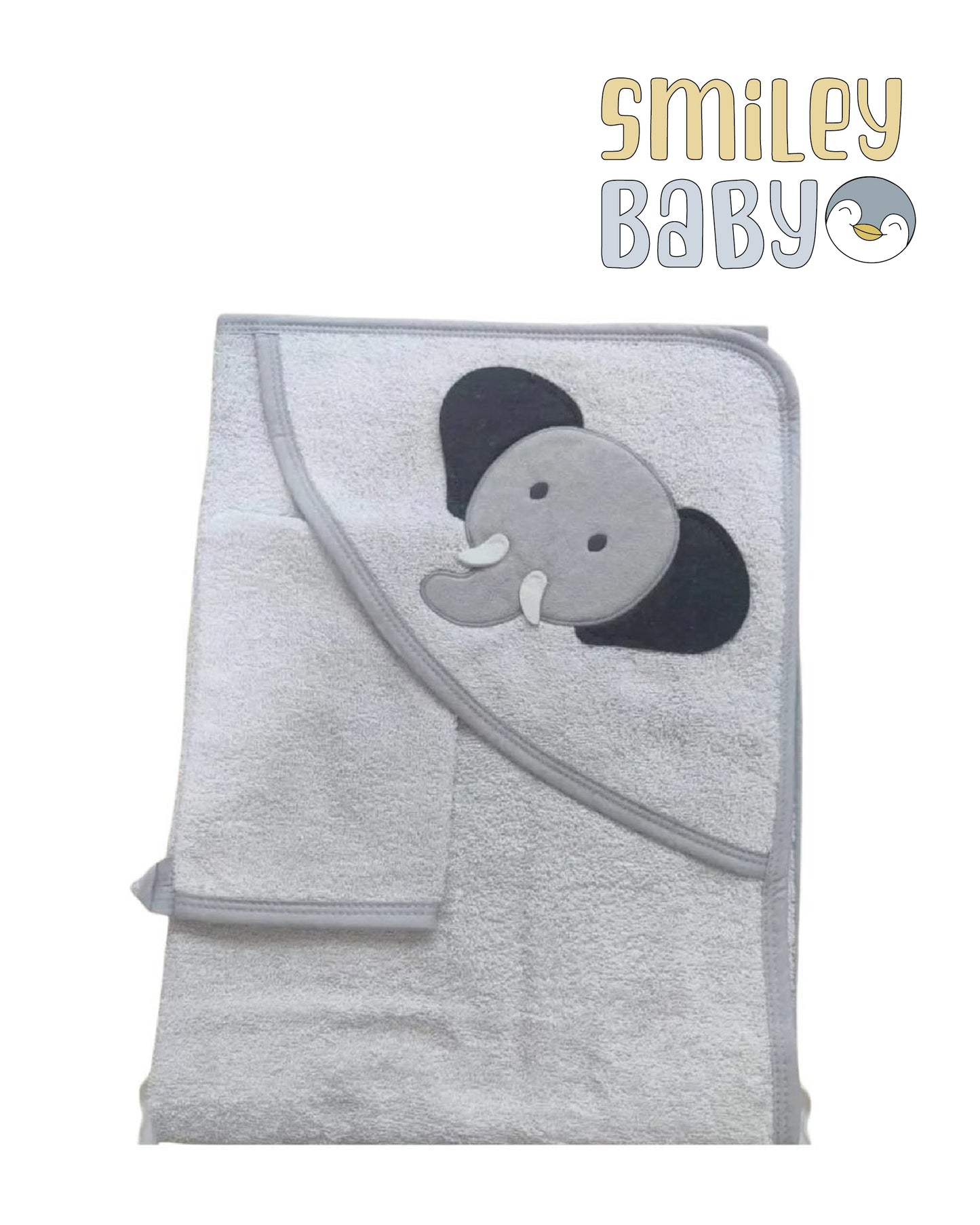 Baby Hooded Towel with loofah gray elephant