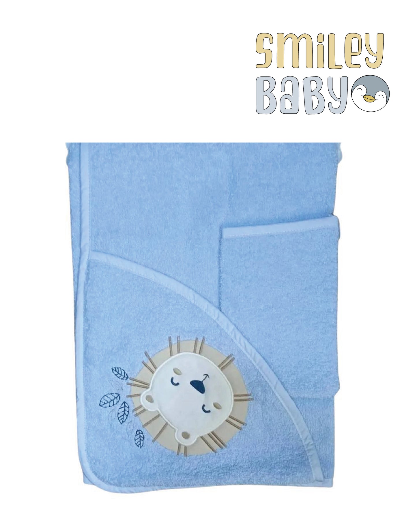 Baby Hooded Towel with loofah blue lion