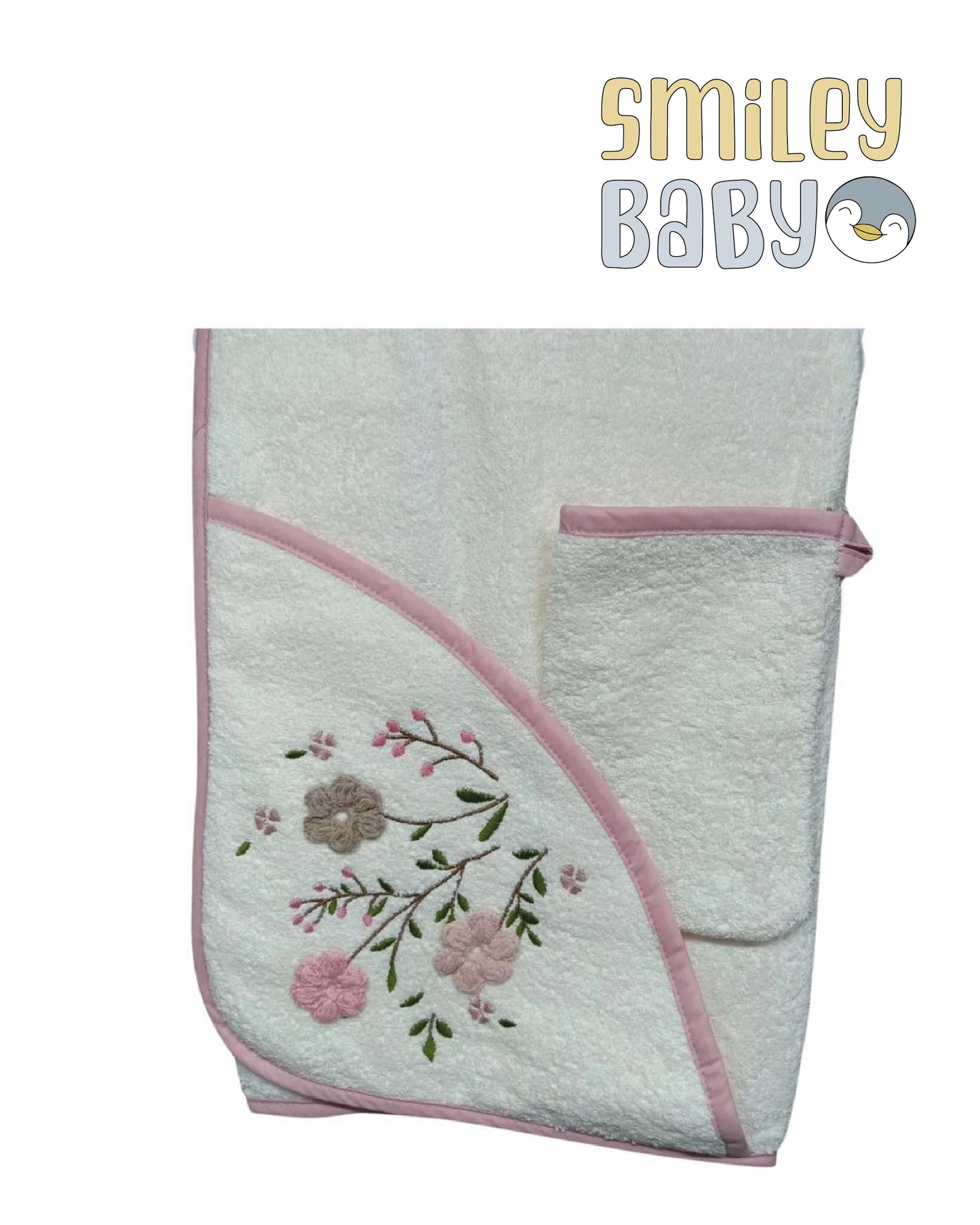 Baby Hooded Towel with loofah beige flowers