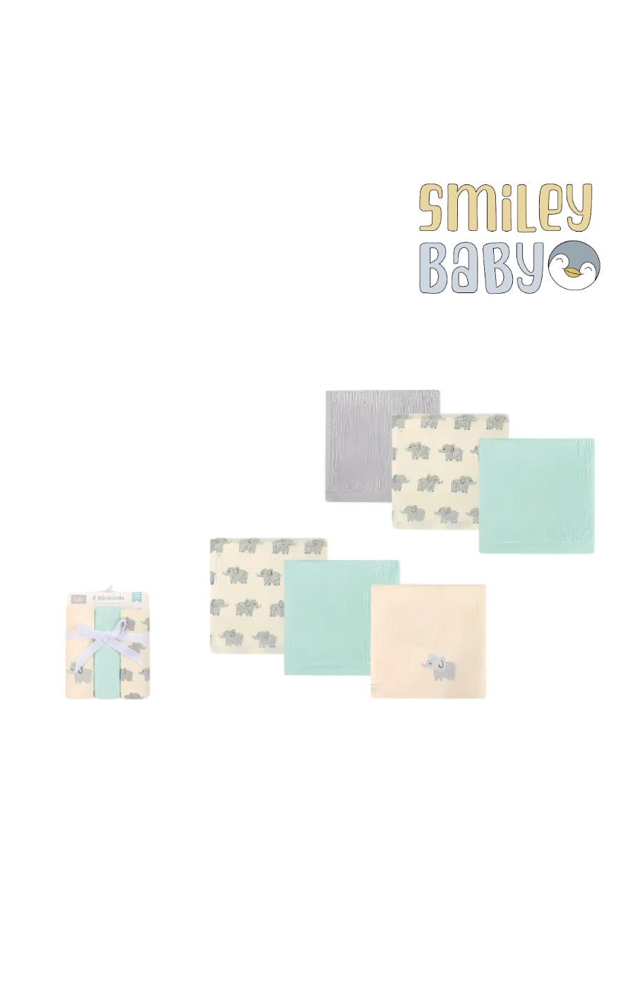 A collection of six washcloths in various solid colors and with character patterns, part of the 'smiley baby' brand.