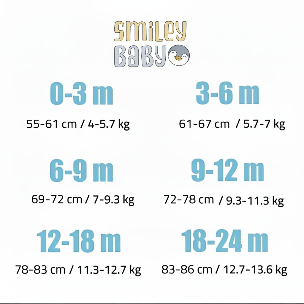 Smiley Baby size chart with age groups and corresponding measurements on a white background