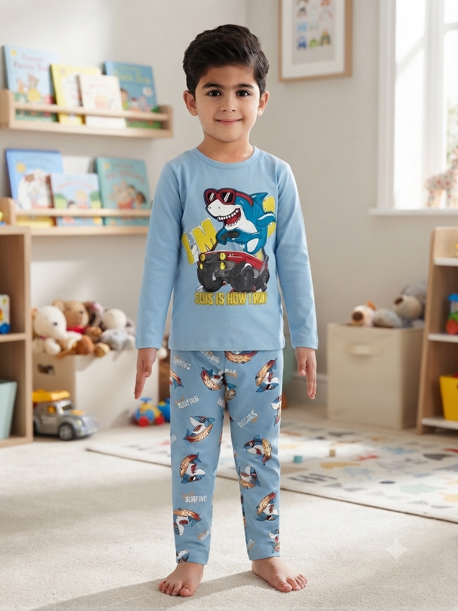 long sleeve cotton pajama blue shark