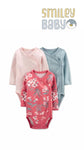 3-Pack Long-Sleeve Side-Snap Bodysuits FLOWERS