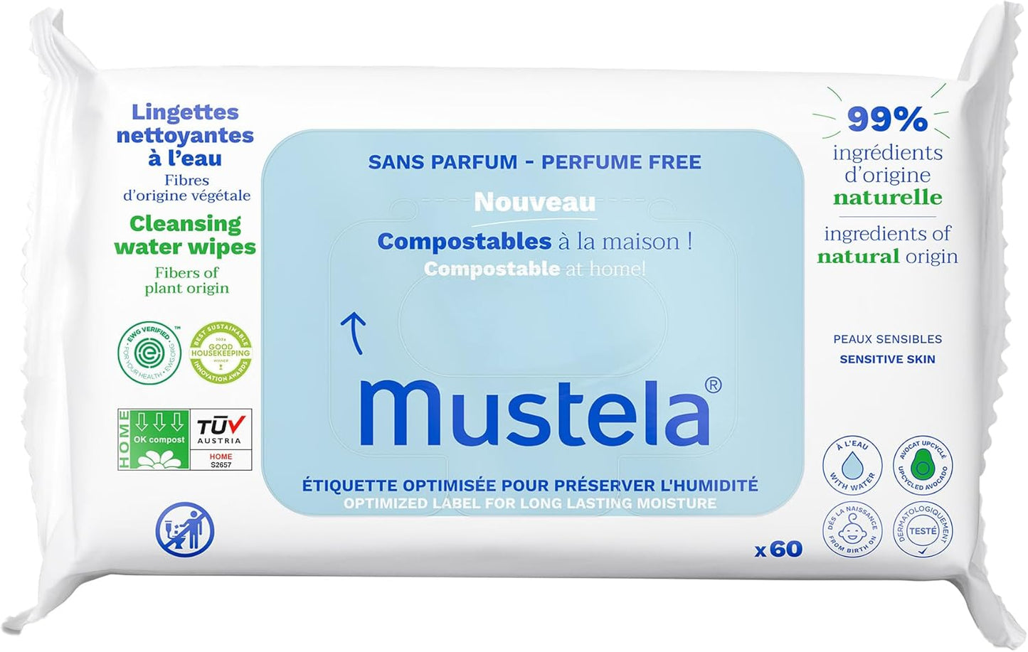 Mustela Lingettes Nettoyantes à l’Eau – Sans Parfum x60