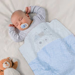 dotted blanket with Sherpa backing blue  bear