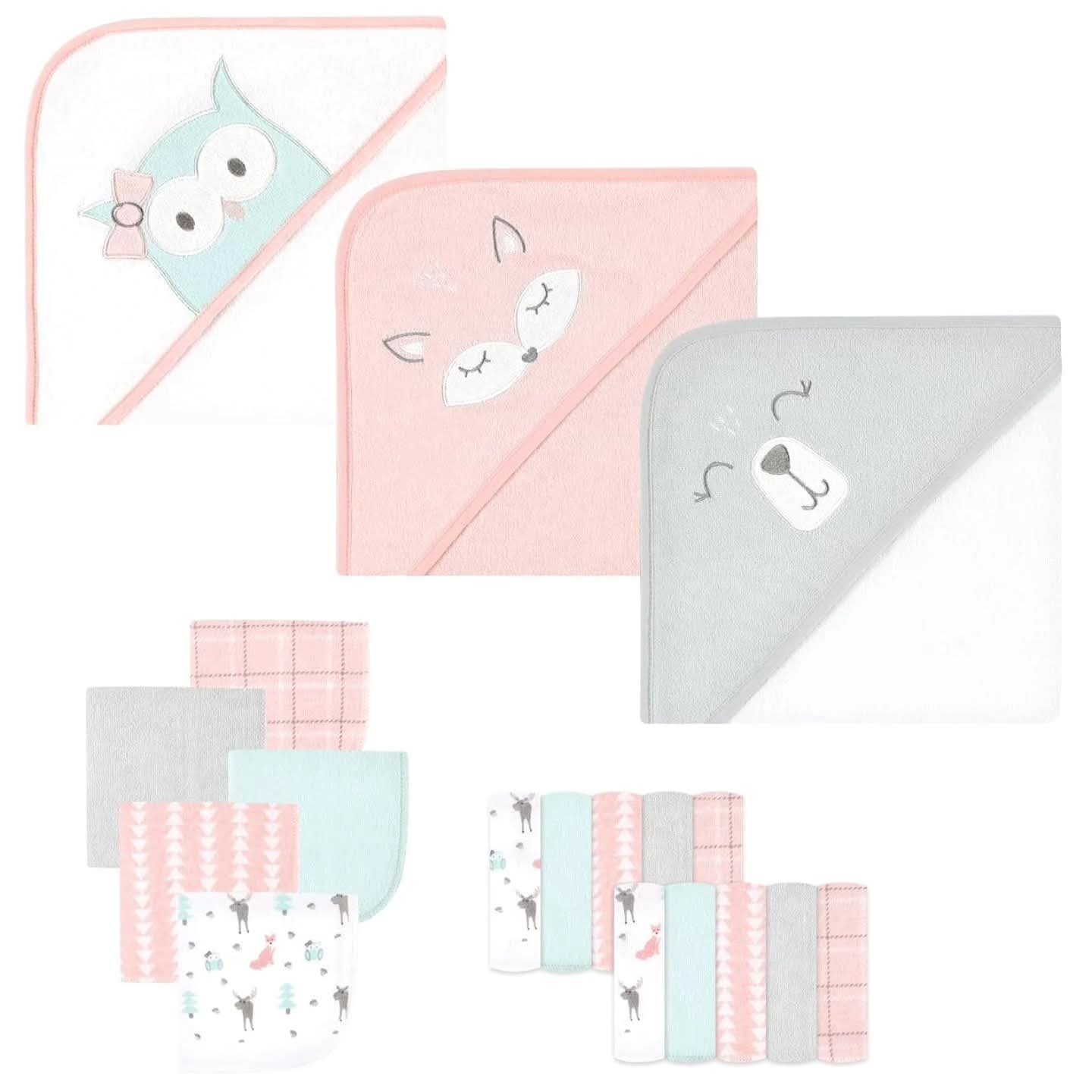 Hooded Towel with 15 Washcloths owl