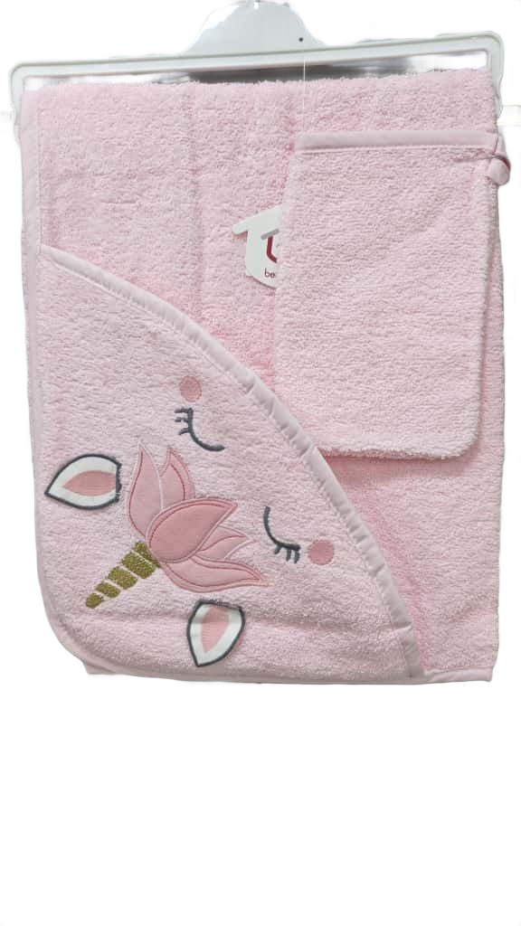 Baby Hooded Towel with loofah PINK  unicorn
