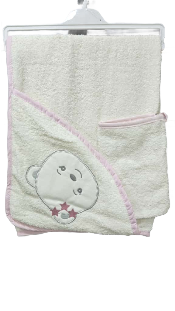 Baby Hooded Towel with loofah offwhite  bear