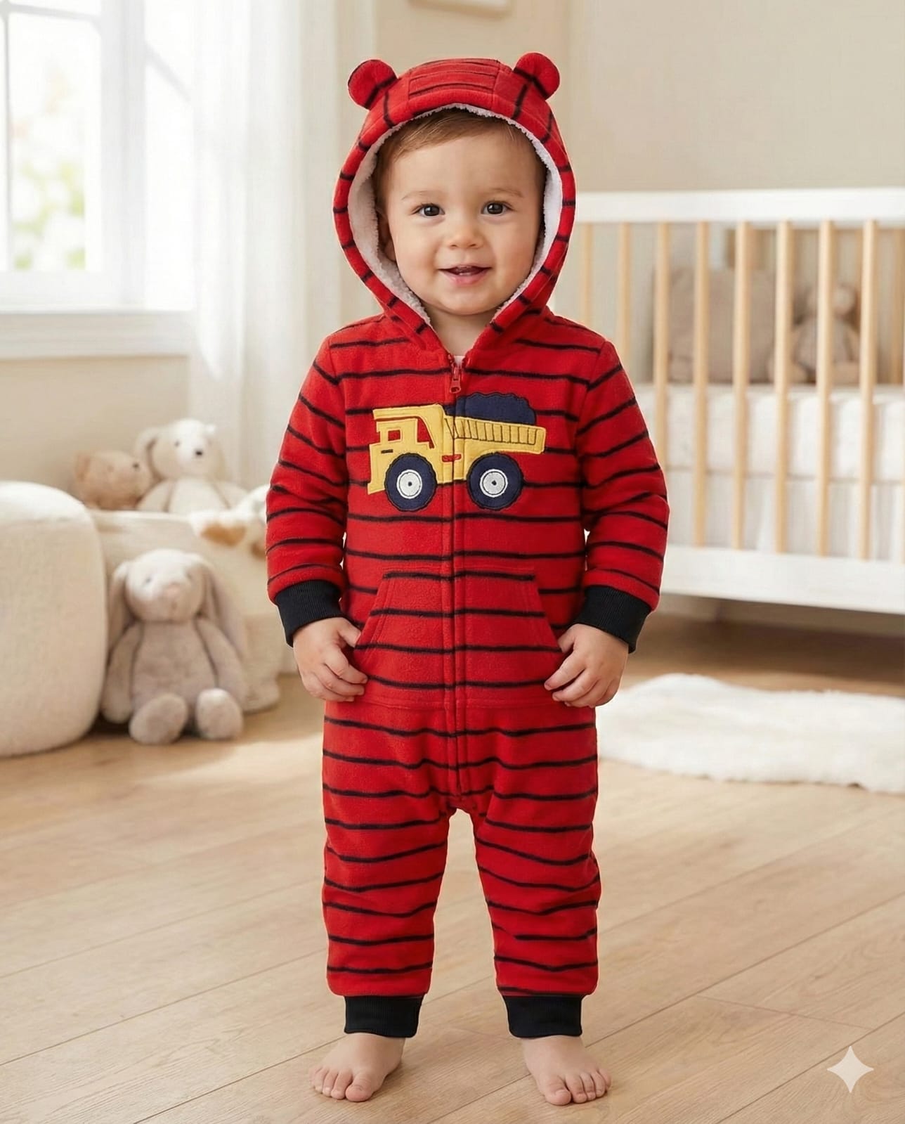 hooded overall truck red