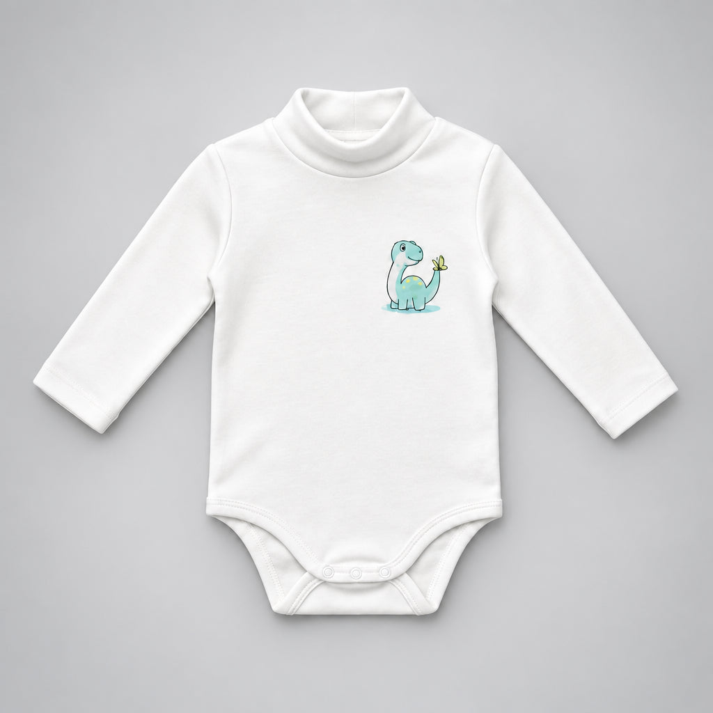 high neck body suit 100% cotton white dinosaur