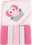 Hooded Towel with Five Washcloths PINK elephant